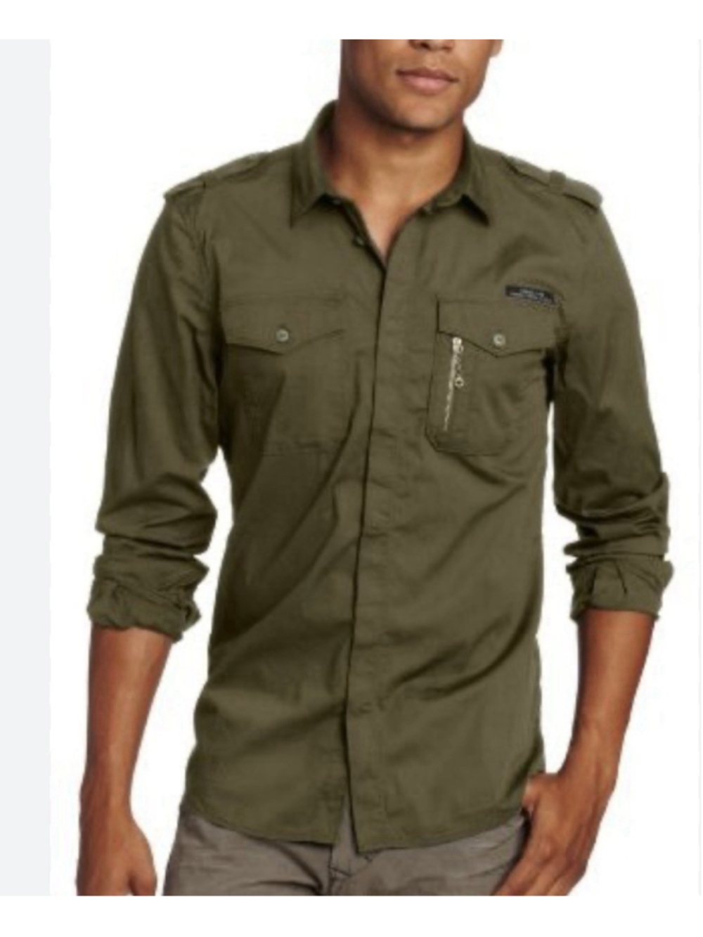 Diesel Mens Olive Green Cotton Button Down Overshirt size L Slim Fit
